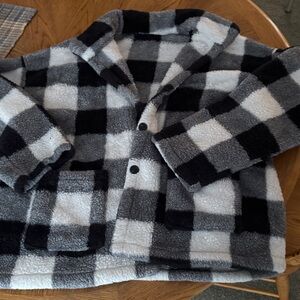 Black and White Buffalo Plaid Women's Plus Size Teddy Jacket Coat